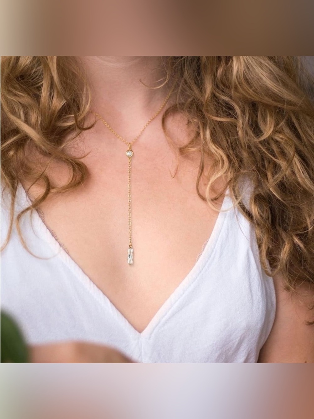 14K Gold Plated CZ Bar Lariat Necklace